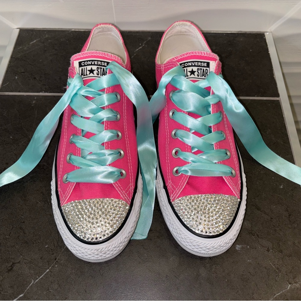 Converse Pink with Blue Ribbon Laces and Sparkly Rhinestone Toe Cap